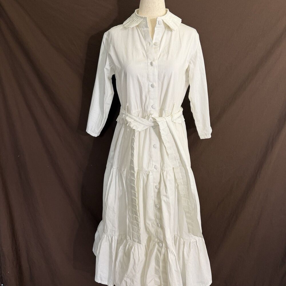 Maisha Concept White Midi Shirt Dress Size SMALL Belt Long Sleeve Cotton Tiered